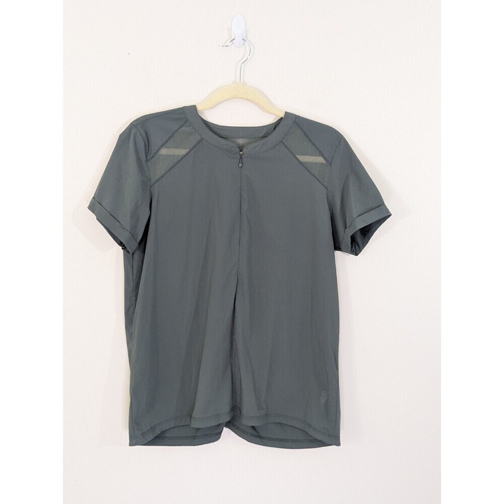 INDYGENA Slate Gray Ruching Back Sheer Sleeve Insert 1/4 Zip Shirt Womens Sz L